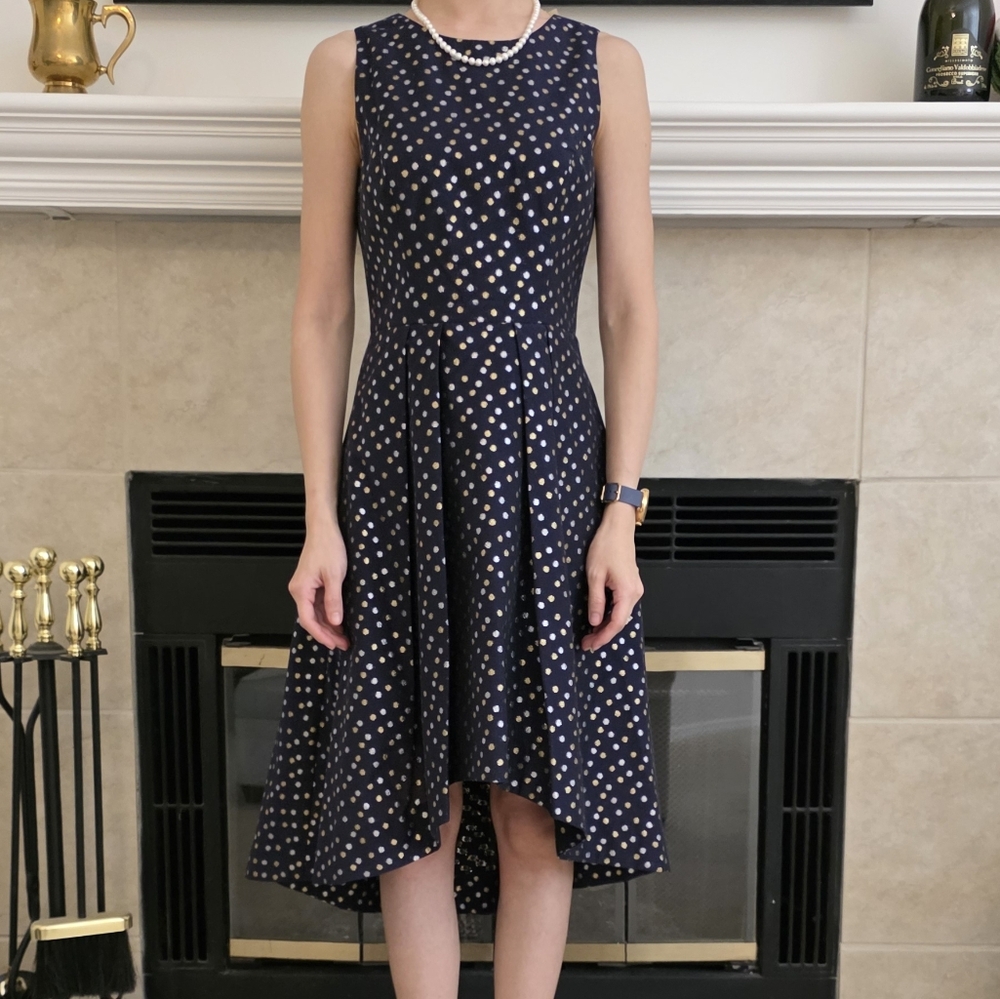 NWT Shoshanna Gold & Silver Polka Dot High-Low Dress in Navy Blue Size 0